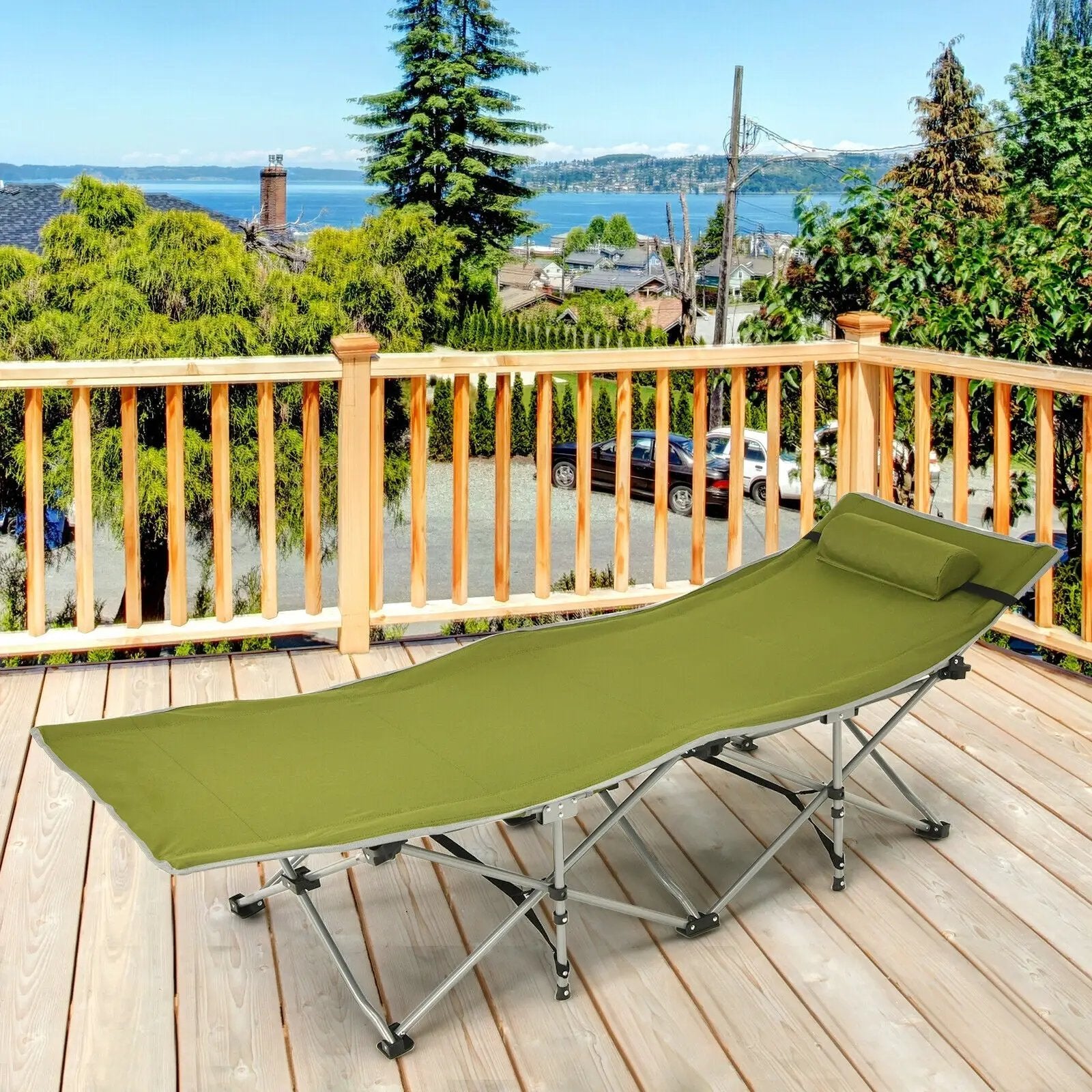 Folding Camping Cot with Side Storage Pocket Detachable Headrest by DirectDeals