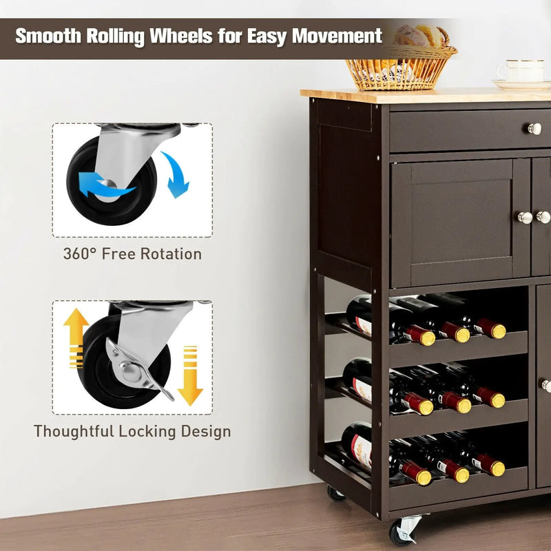 Kitchen Cart with Rubber Wood Top 3 Tier Wine Racks 2 Cabinets by DirectDeals