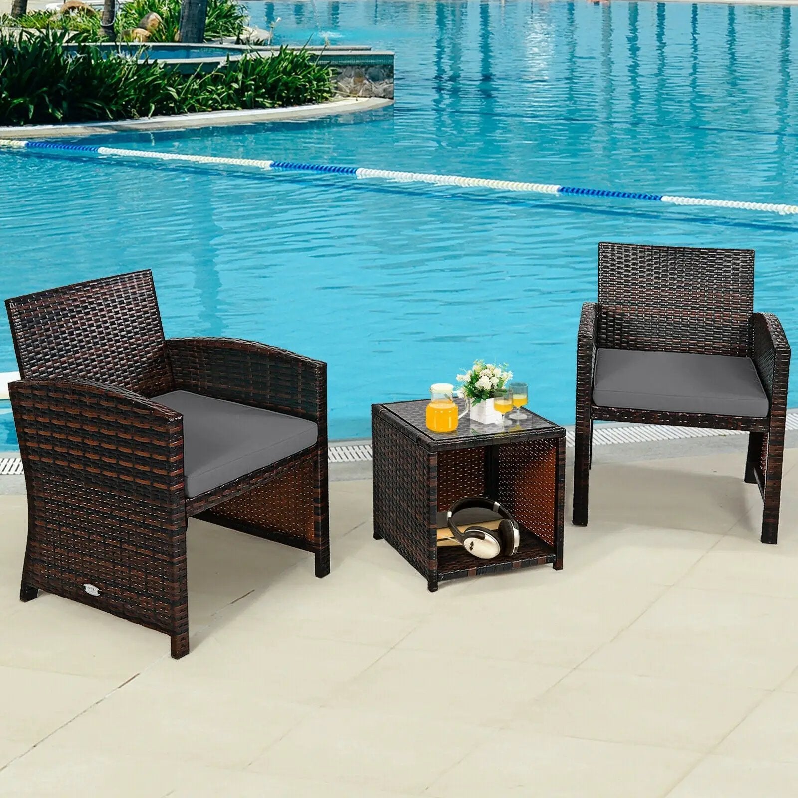 3 Pieces PE Rattan Wicker Furniture Set with Cushion Sofa Coffee Table for Garden by DirectDeals