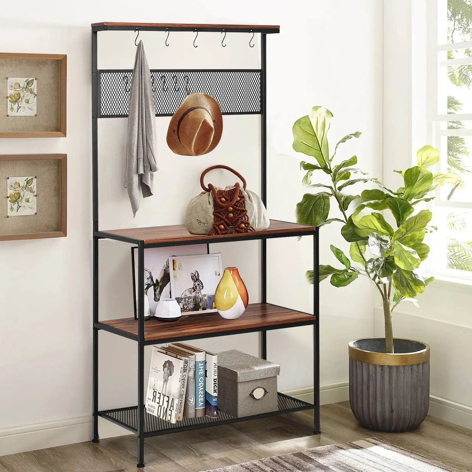 4-Tier Kitchen Rack Stand with Hooks and Mesh Panel by DirectDeals