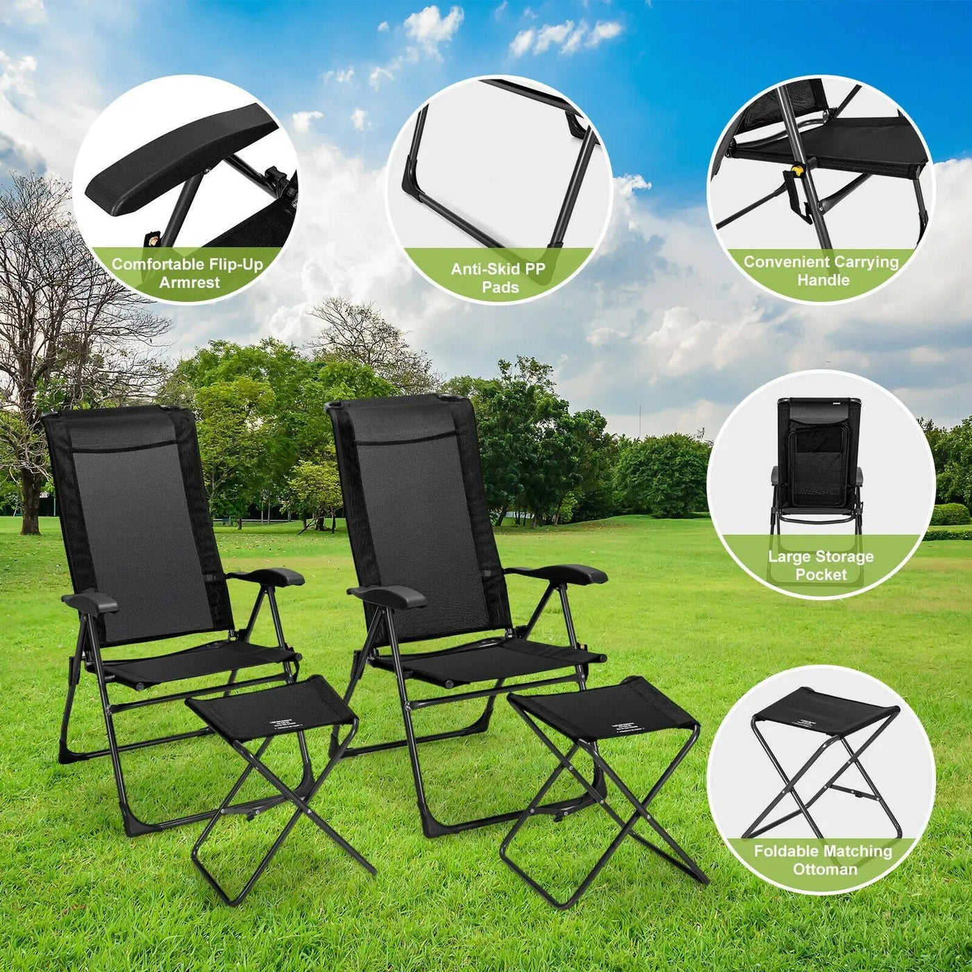 4 Pieces Patio Adjustable Back Folding Dining Chair Ottoman Set by DirectDeals