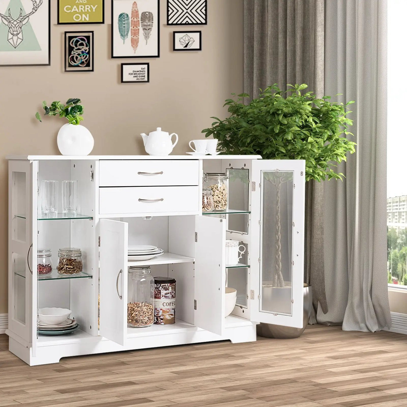 Sideboard Buffet Server Storage Cabinet with 2 Drawers and Glass Doors by DirectDeals