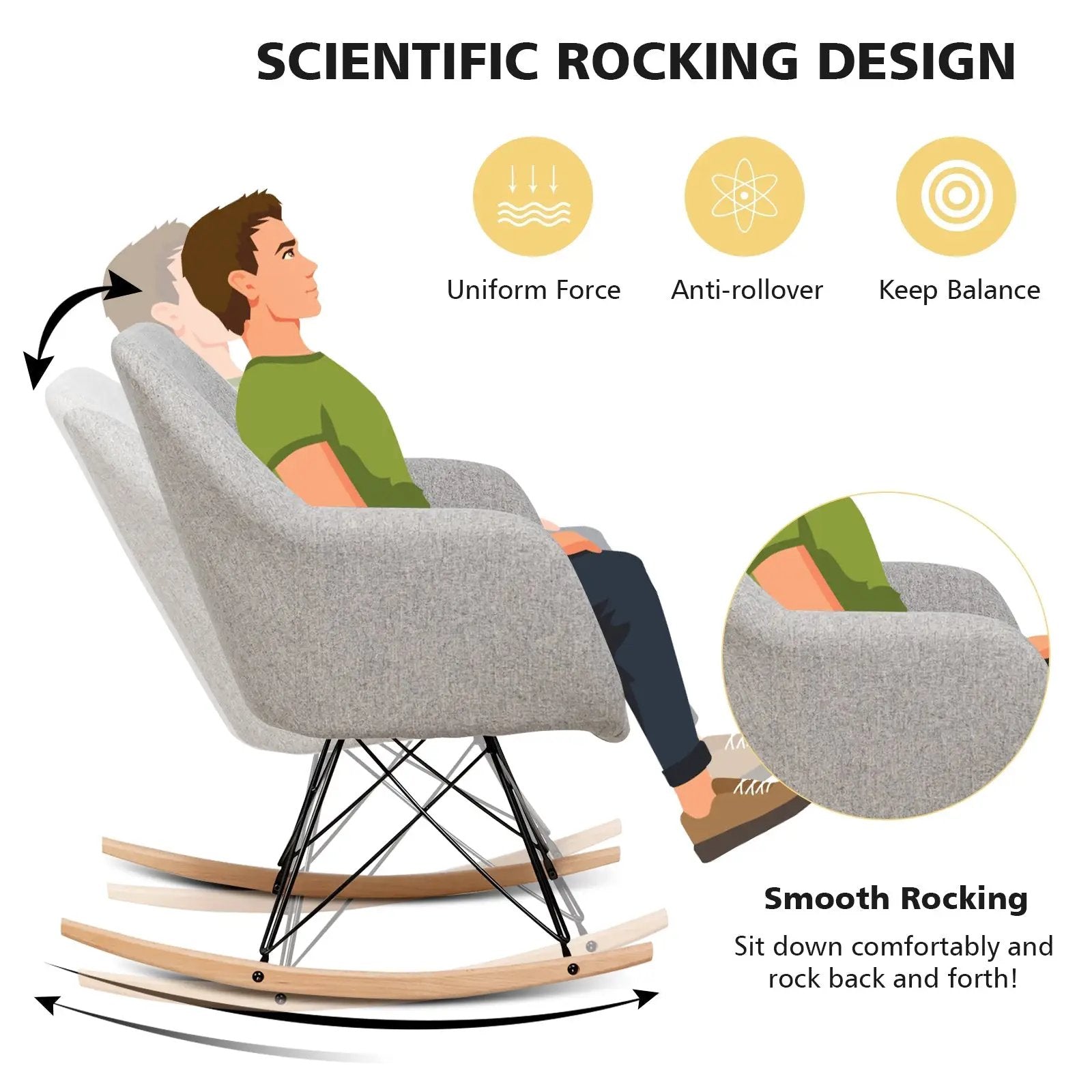 Upholstered Rocking Arm Chair with Solid Steel Wood Leg-Gray by DirectDeals