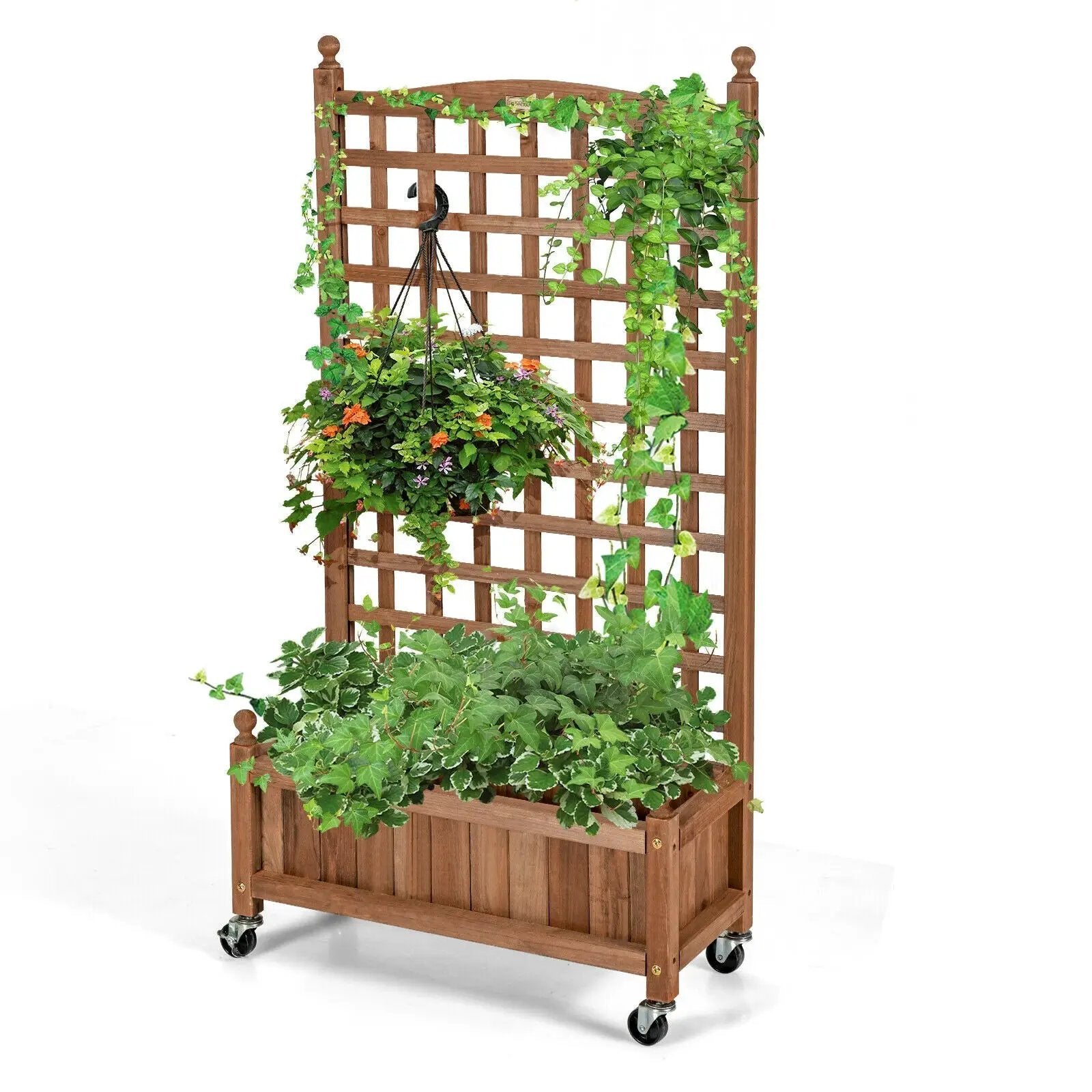 50 Inch Wood Planter Box with Trellis Mobile Raised Bed for Climbing Plant by DirectDeals