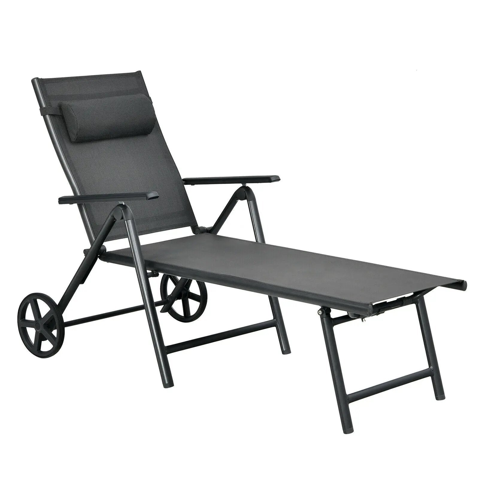 Patio Lounge Chair with Wheels Neck Pillow Aluminum Frame Adjustable-Gray by DirectDeals