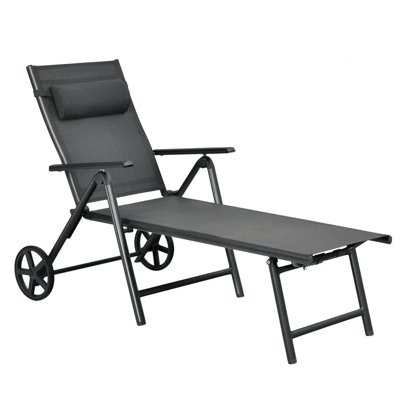 Patio Lounge Chair with Wheels Neck Pillow Aluminum Frame Adjustable-Gray by DirectDeals