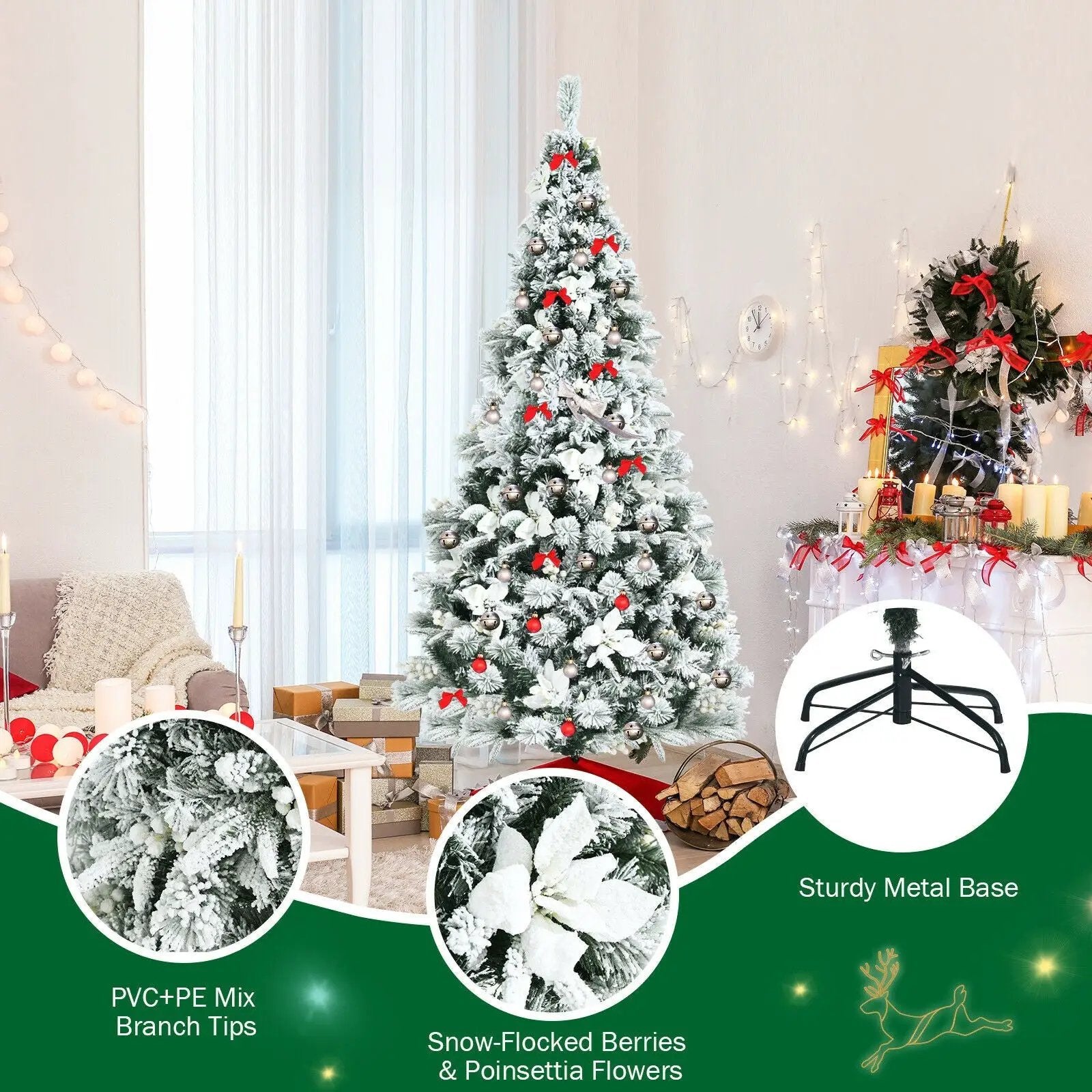 6 Feet Snow Flocked Hinged Christmas Tree with Berries and Poinsettia Flowers by DirectDeals