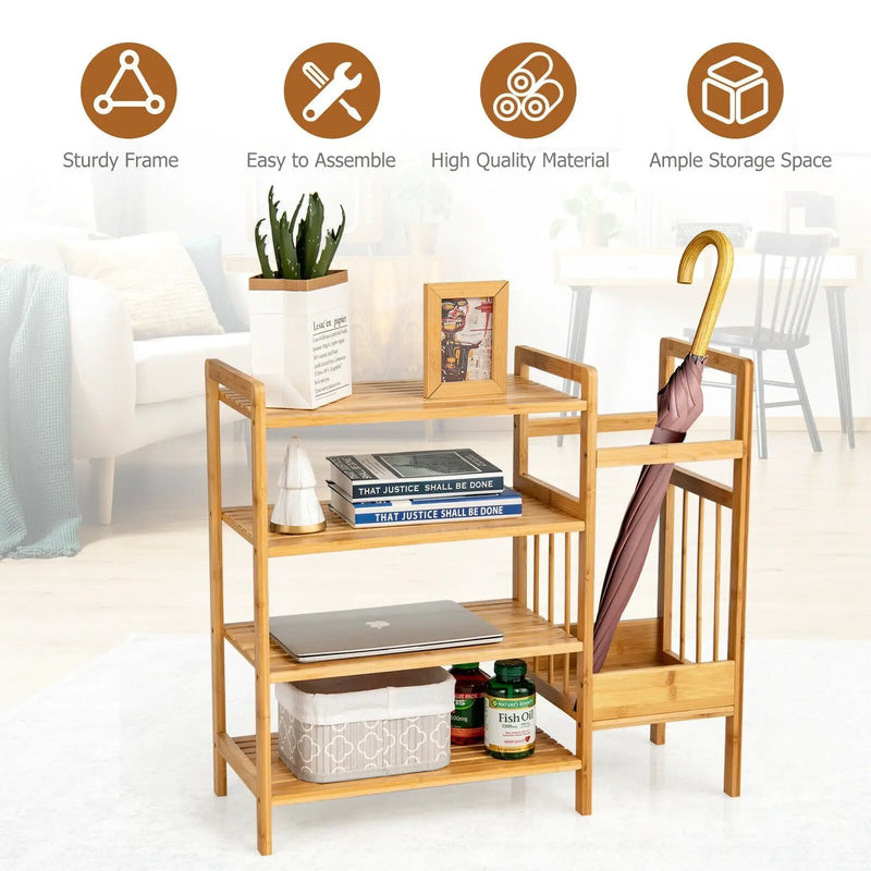 4-Tier Bamboo Shoe Rack Organiser with Umbrella Holder-Natural by DirectDeals