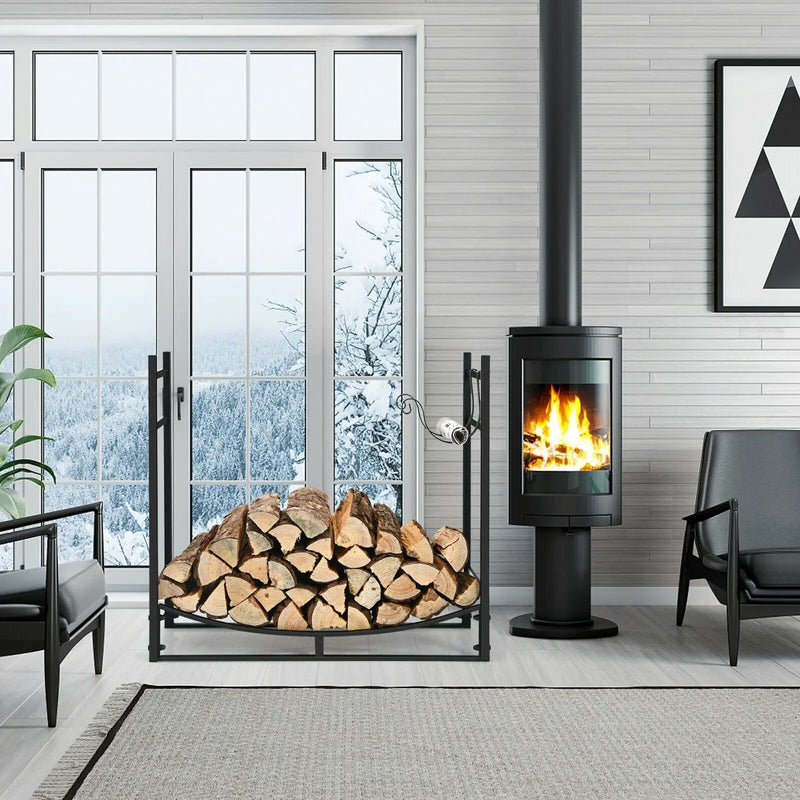 33 Inch Firewood Rack with Removable Kindling Holder Steel Fireplace Wood by DirectDeals