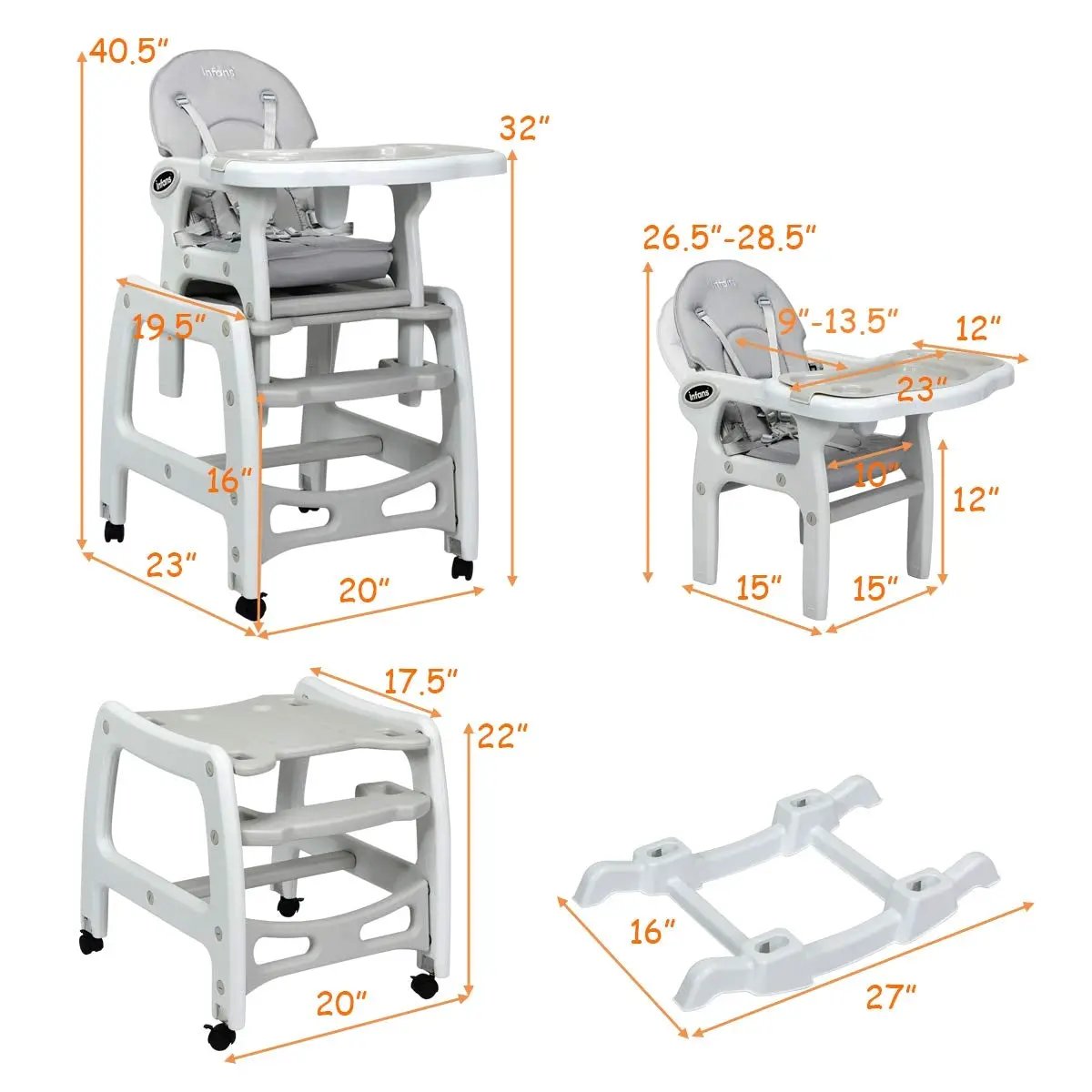 3-in-1 Baby High Chair with Lockable Universal Wheels by DirectDeals
