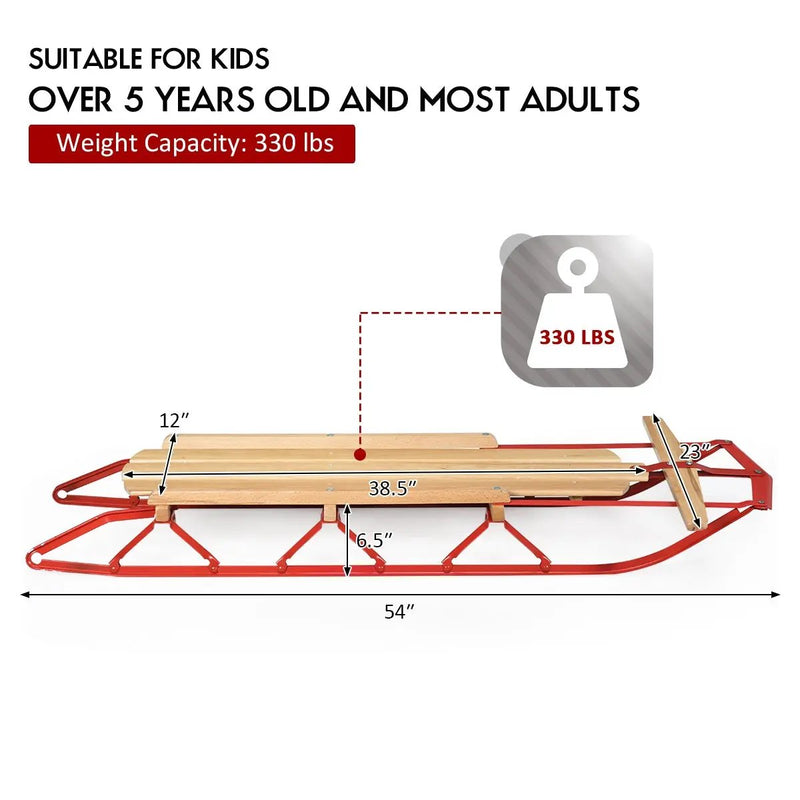 54 Inch Wood Snow Sled with Metal Runners and Steering Bar by DirectDeals