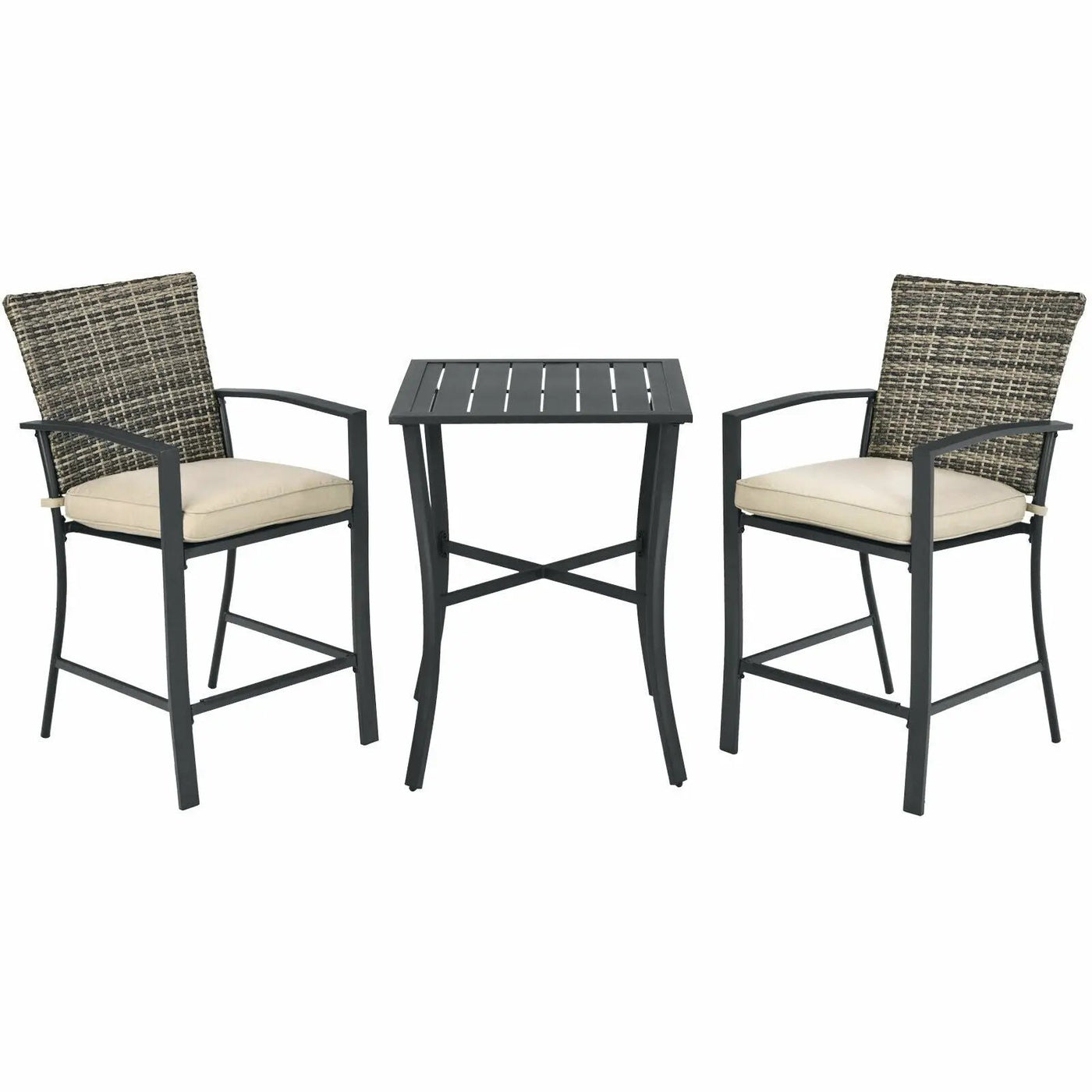 3 Pieces Rattan Bar Furniture Set with Slat Table and 2 Cushioned Stools by DirectDeals