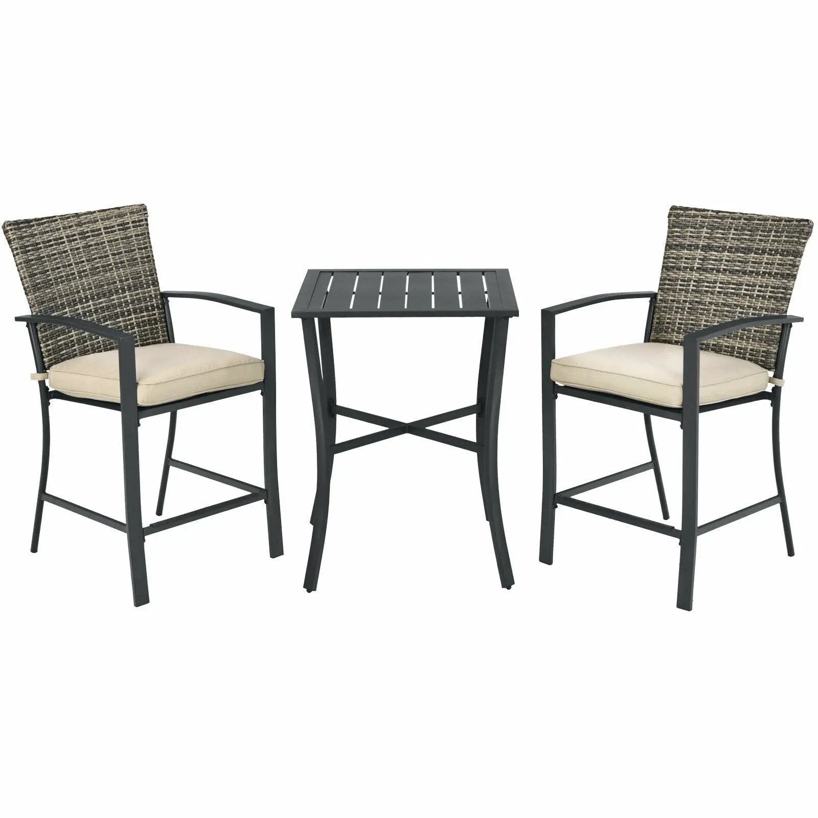 3 Pieces Rattan Bar Furniture Set with Slat Table and 2 Cushioned Stools by DirectDeals