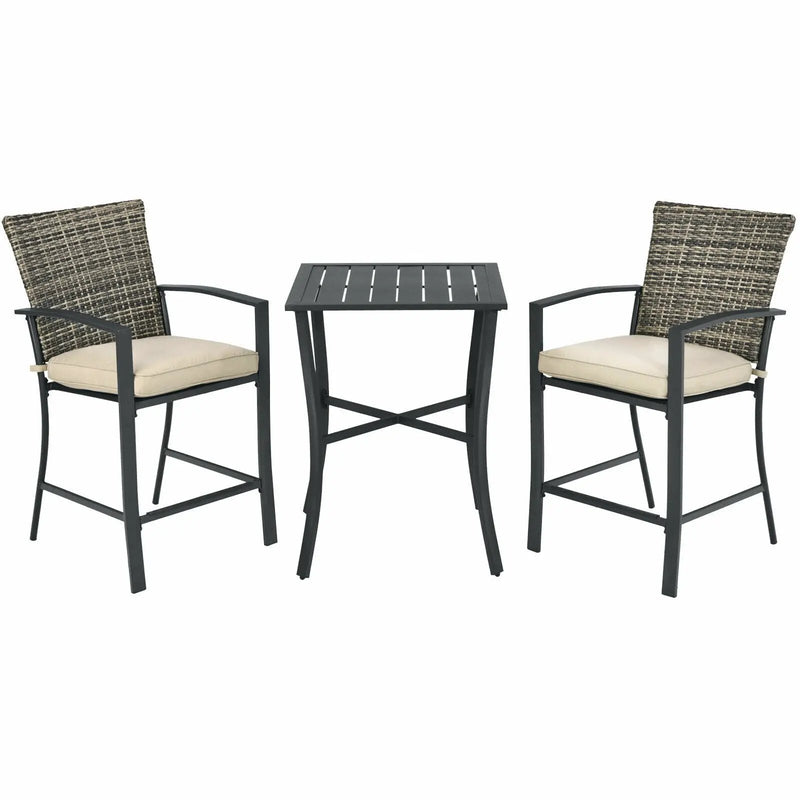 3 Pieces Rattan Bar Furniture Set with Slat Table and 2 Cushioned Stools by DirectDeals