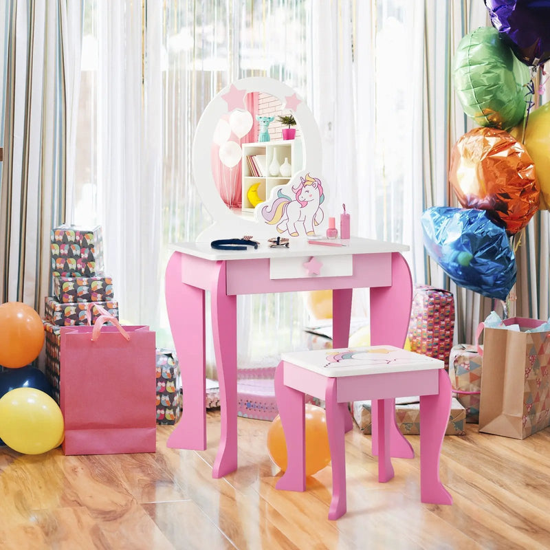 Kids Wooden Makeup Dressing Table and Chair Set with Mirror and Drawer by DirectDeals