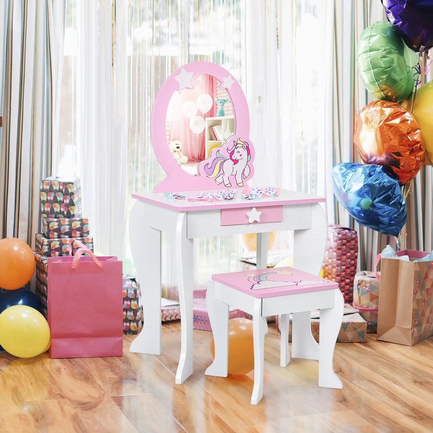 Kids Wooden Makeup Dressing Table and Chair Set with Mirror and Drawer by DirectDeals