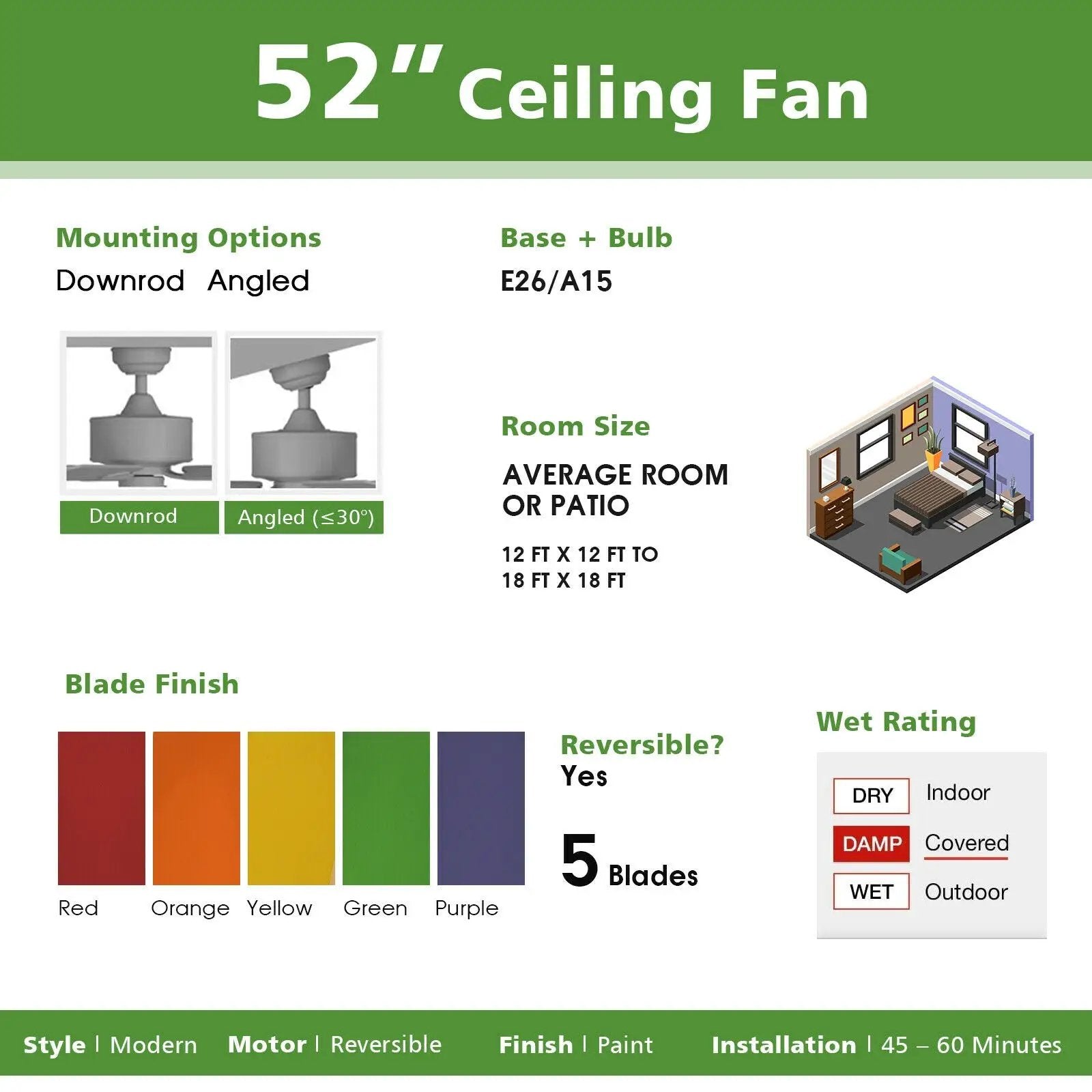 52 Inch Kids Ceiling Fan with Pull Chain Control by DirectDeals