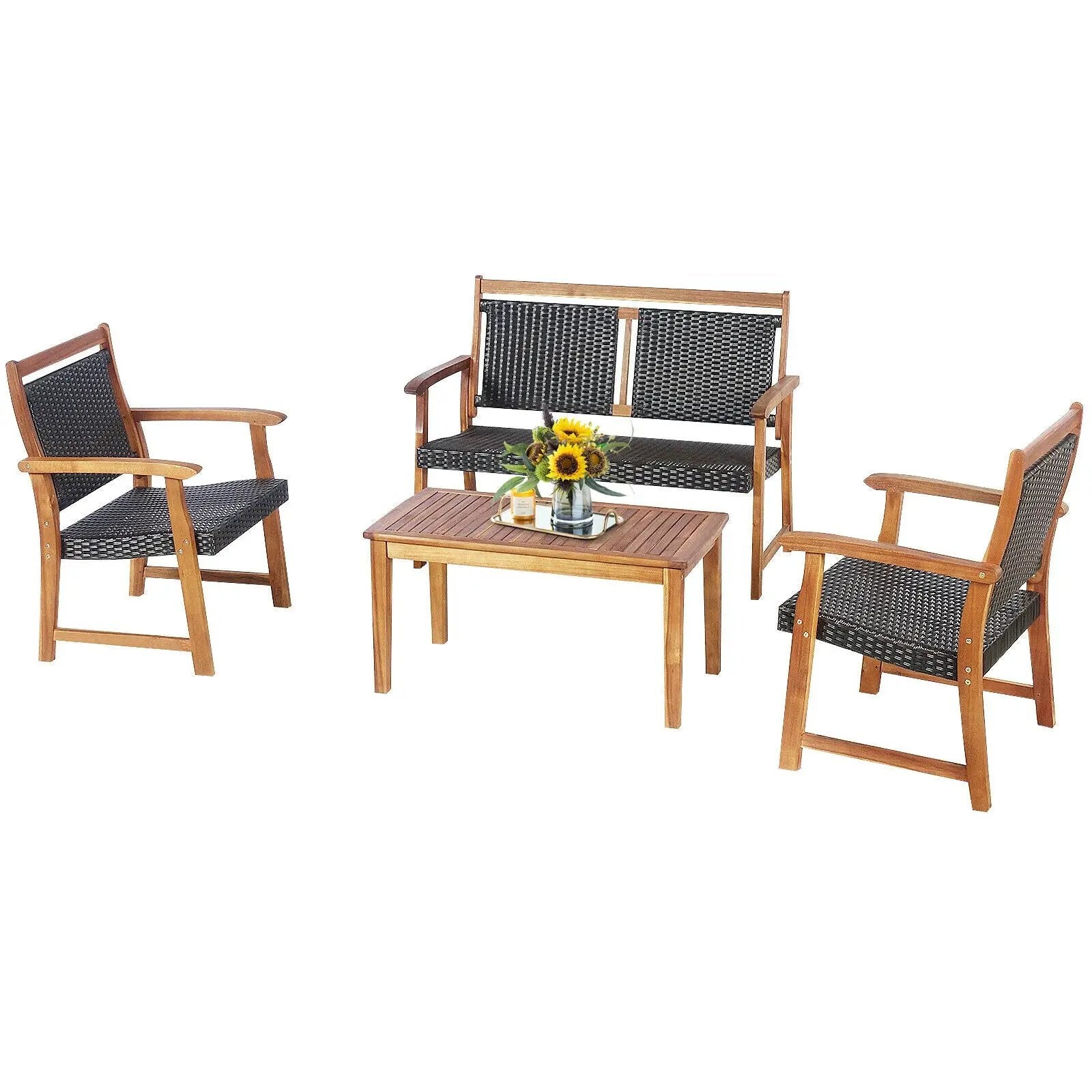4 Pieces Outdoor Patio Rattan Furniture Sofa Set with Acacia Wood Frame by DirectDeals