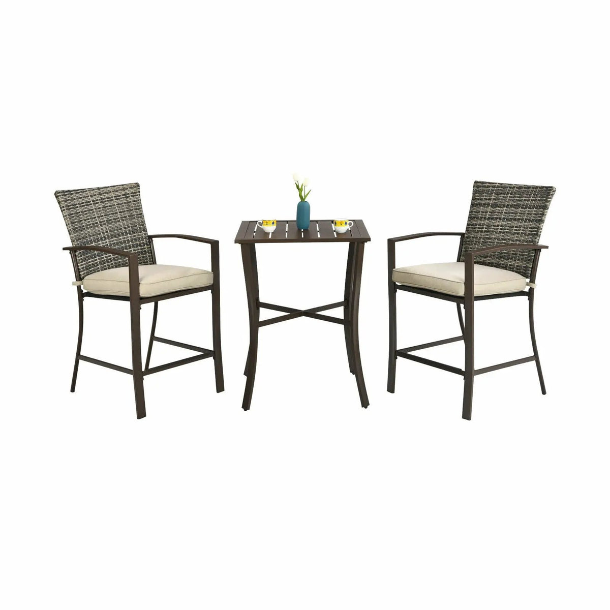 3 Pieces Rattan Bar Furniture Set with Slat Table and 2 Cushioned Stools by DirectDeals