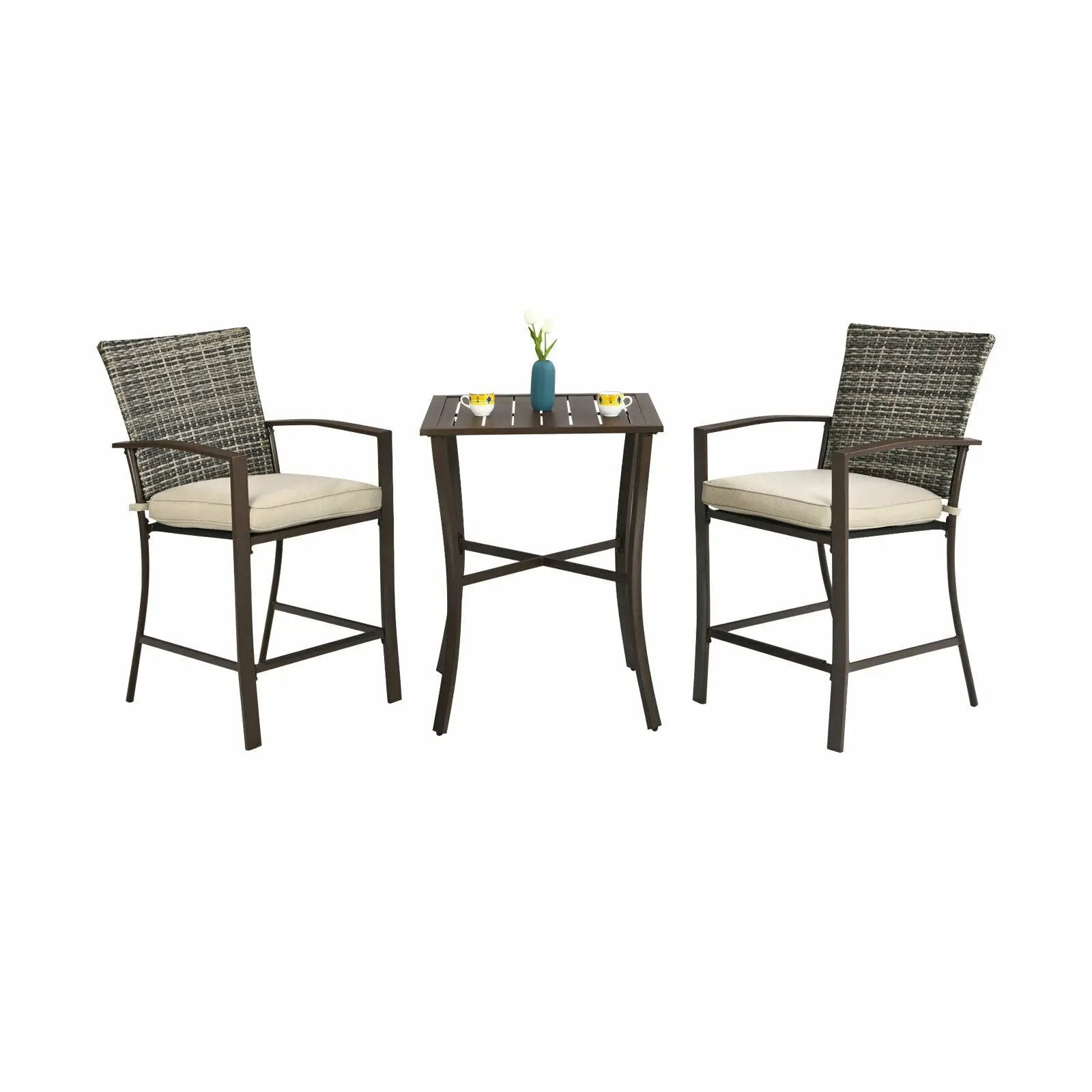 3 Pieces Rattan Bar Furniture Set with Slat Table and 2 Cushioned Stools by DirectDeals