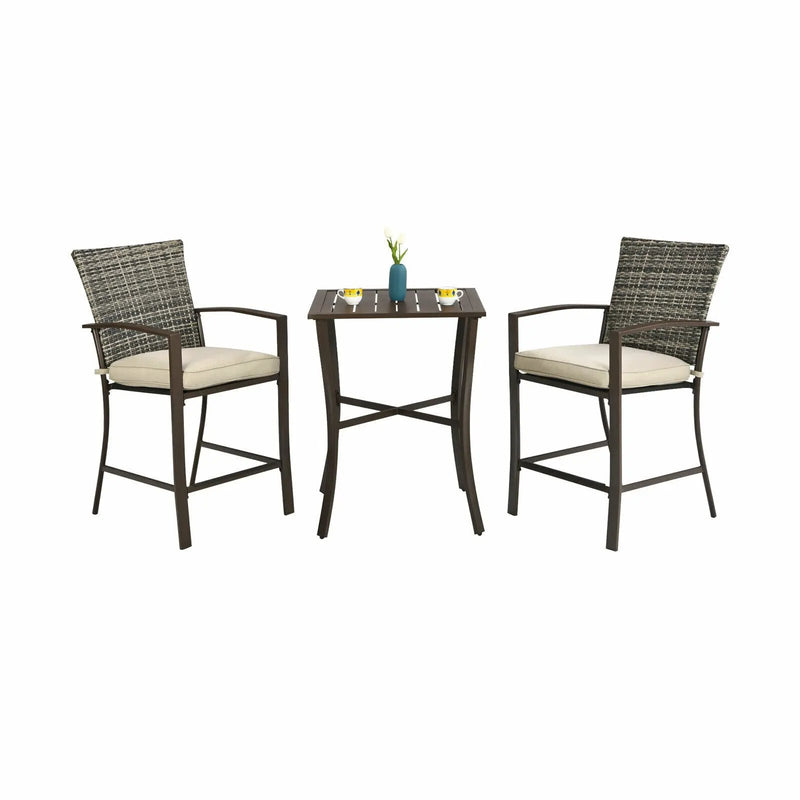 3 Pieces Rattan Bar Furniture Set with Slat Table and 2 Cushioned Stools by DirectDeals