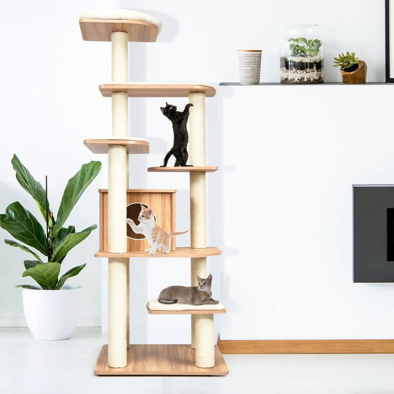 7-Layer Wooden Cat Tree Tall Cat Tower with Sisal Posts and Condo by DirectDeals