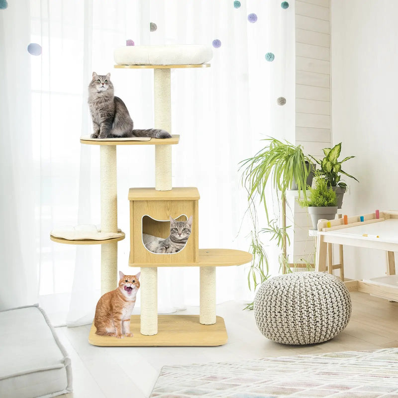 4 Levels Modern Wood Cat Tower with Washable Mats-Walnut by DirectDeals
