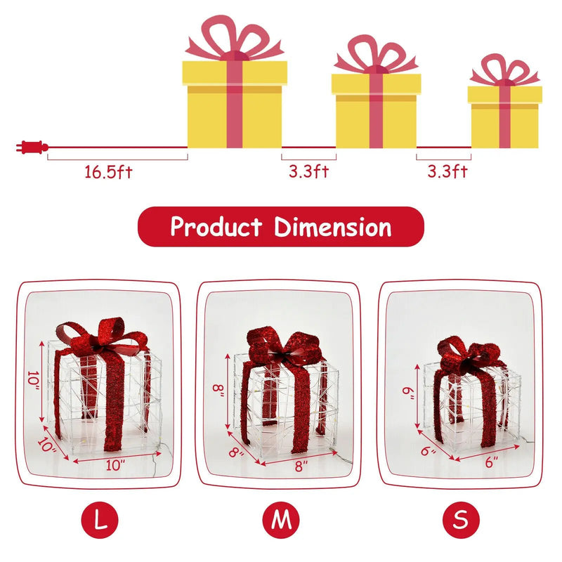 3 Pieces Christmas Lighted Gift Boxes Decorations with 60 LED Lights for Indoor and Outdoor by DirectDeals
