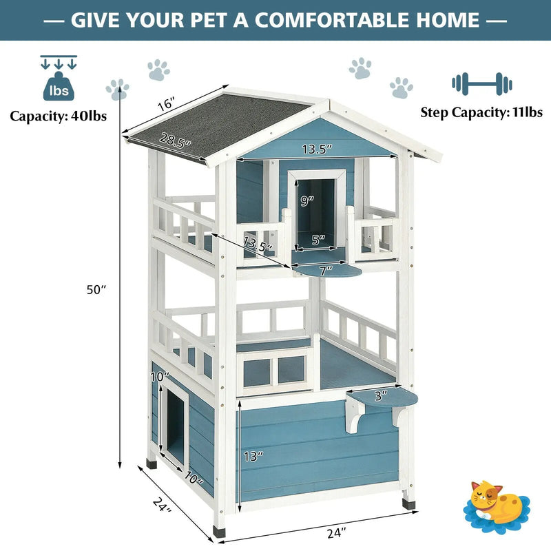 2-Story Outdoor Wooden Catio Cat House Shelter with Enclosure by DirectDeals