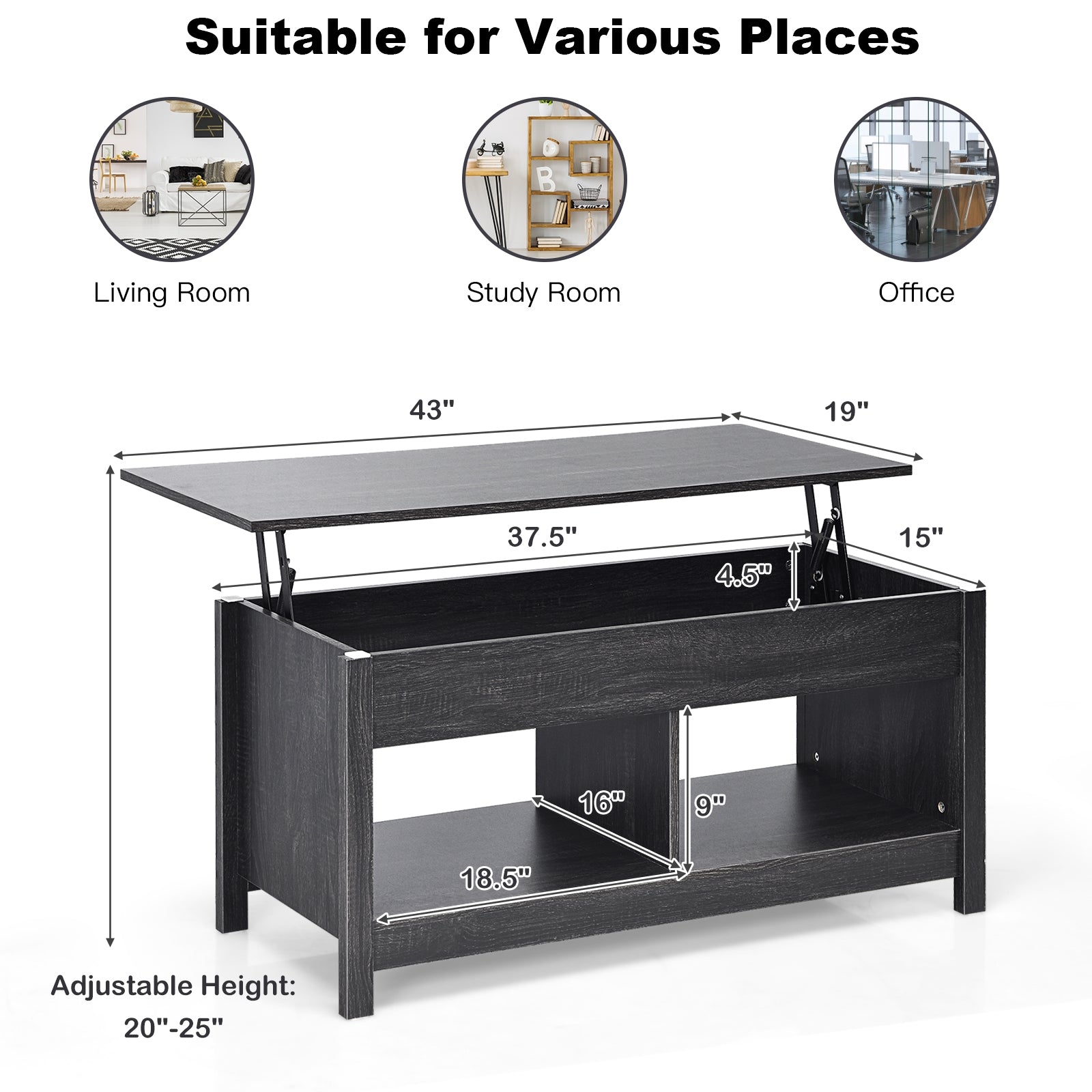 Lift Top Coffee Table with Hidden Storage Compartment and Lower Shelf for Study Room by DirectDeals