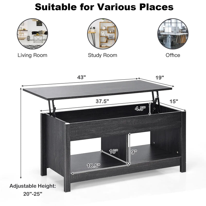 Lift Top Coffee Table with Hidden Storage Compartment and Lower Shelf for Study Room by DirectDeals