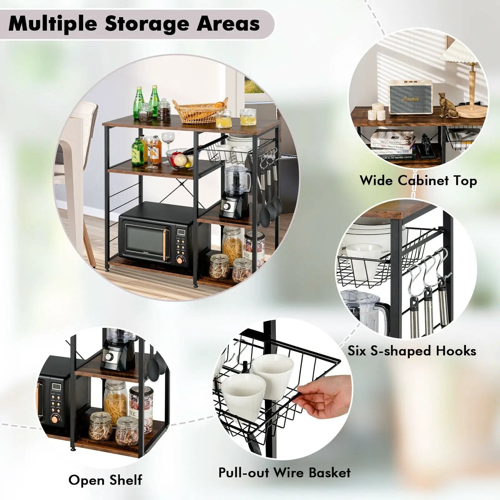 Industrial Kitchen Baker's Rack Microwave Shelf with 6 Hooks by DirectDeals
