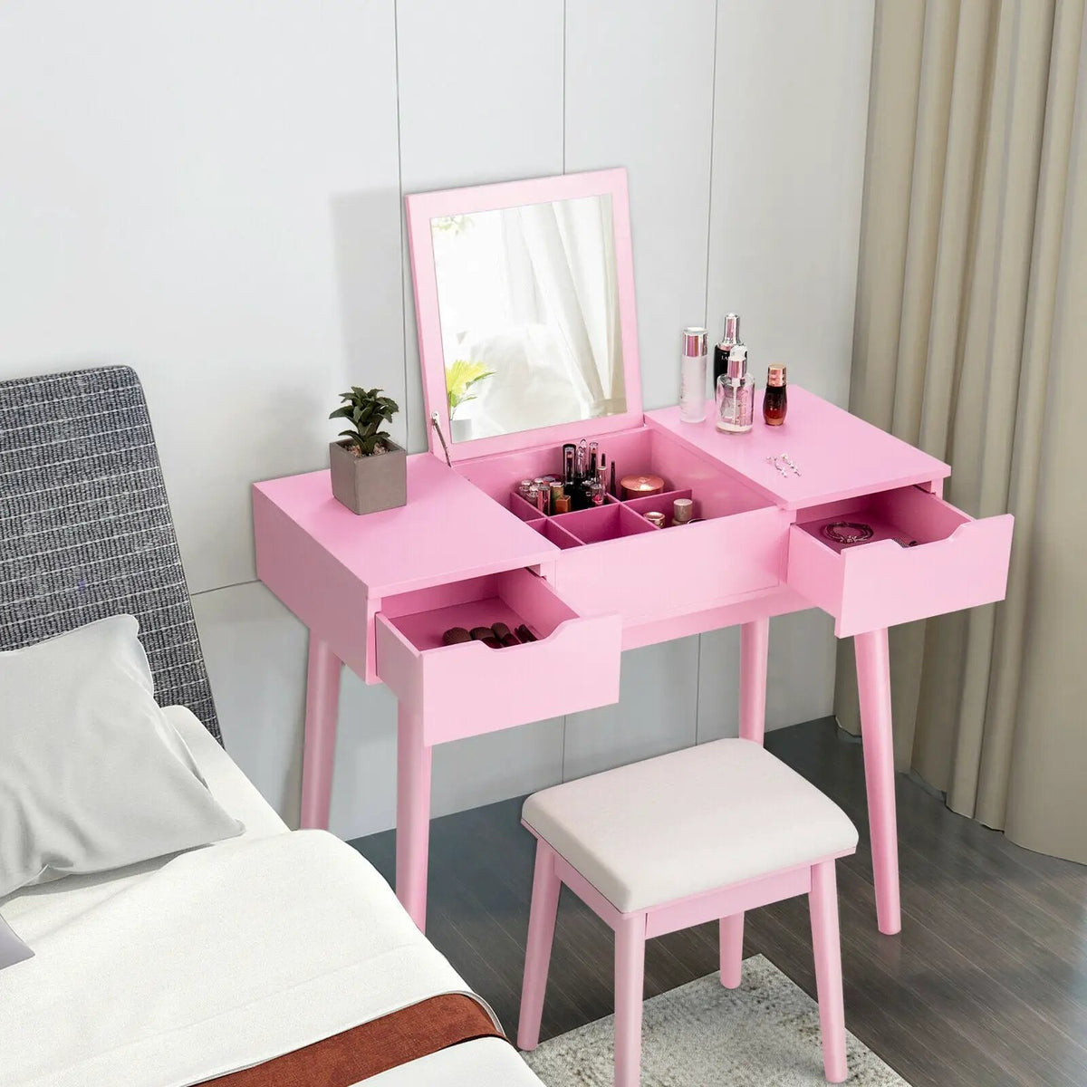 Makeup Vanity Table Set with Flip Top Mirror and 2 Drawers by DirectDeals