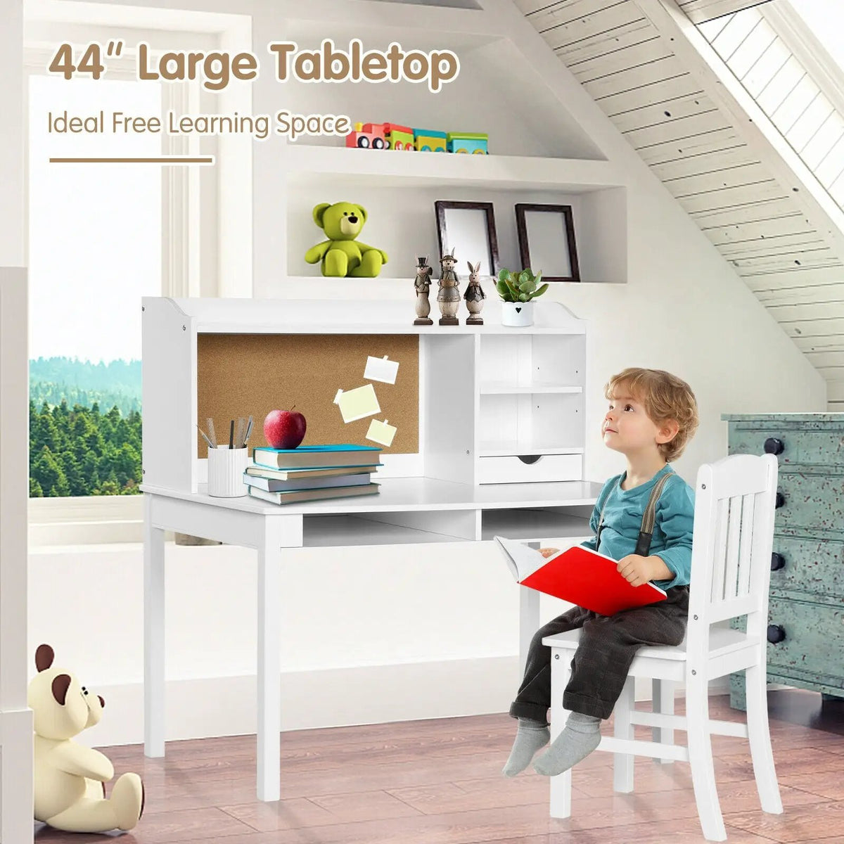 Kids Desk and Chair Set Study Writing Desk with Hutch and Bookshelves by DirectDeals