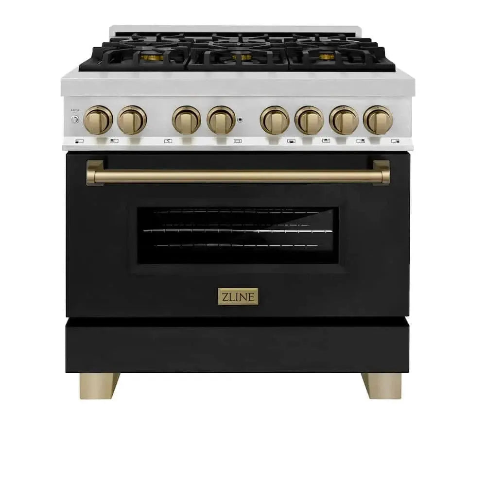 ZLINE 36" Autograph Dual Fuel Range, Black, Bronze, RAZ-BLM-36-CB by Farmhouse Kitchen and Bath
