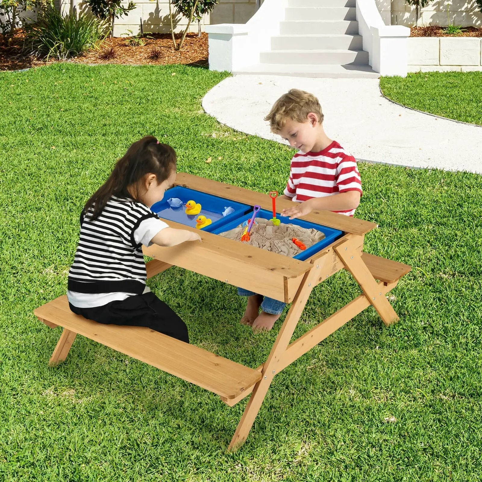 3-in-1 Kids Picnic Table Wooden Outdoor Water Sand Table with Play Boxes by DirectDeals