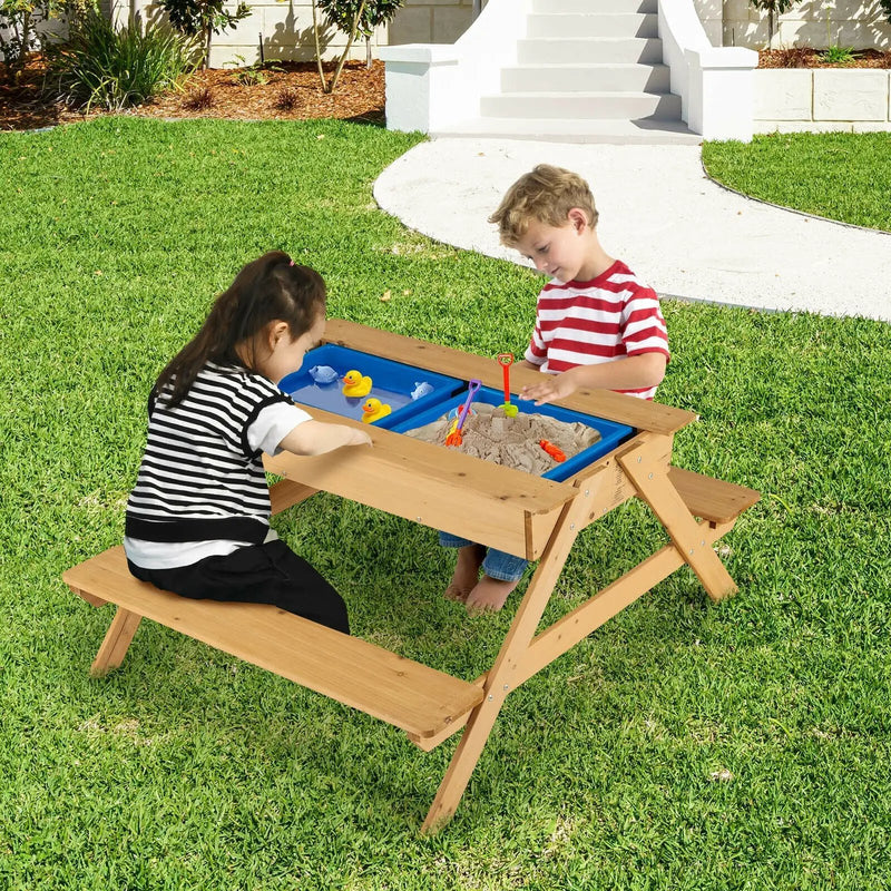 3-in-1 Kids Picnic Table Wooden Outdoor Water Sand Table with Play Boxes by DirectDeals