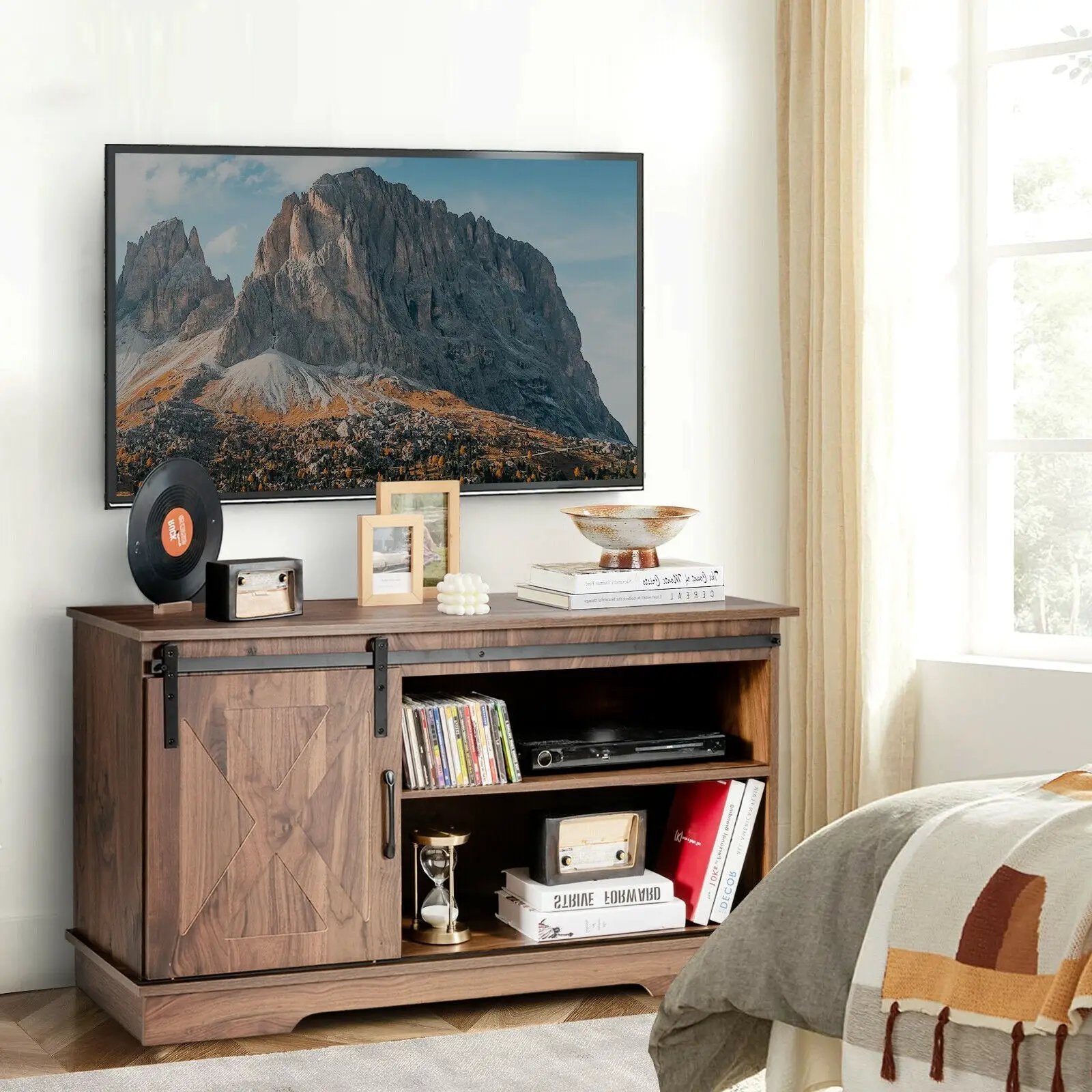 Sliding Barn Door TV Stand with Adjustable Shelf Cabinet-Dark Walnut by DirectDeals