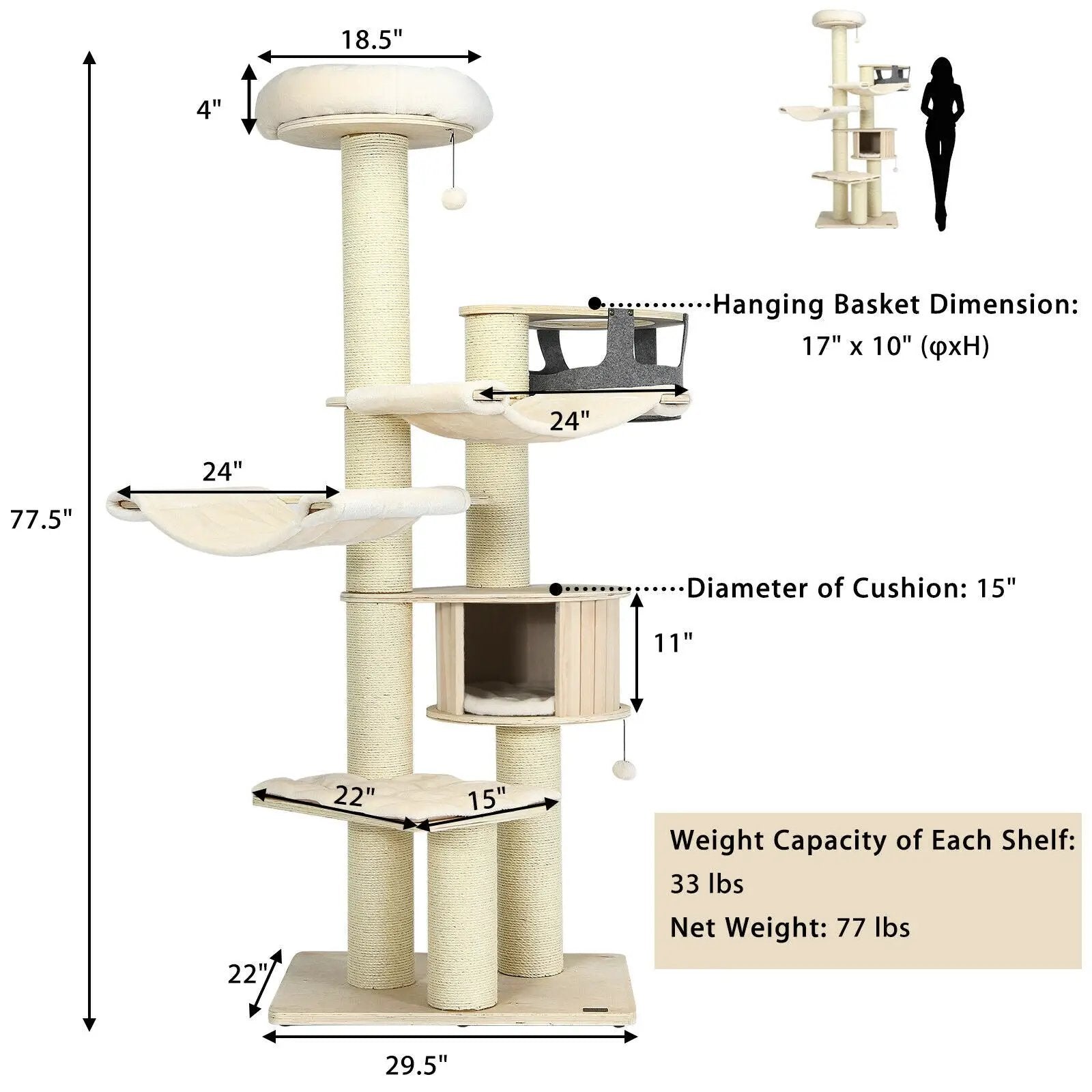 77.5-Inch Cat Tree Condo Multi-Level Kitten Activity Tower with Sisal Posts-Cream White by DirectDeals