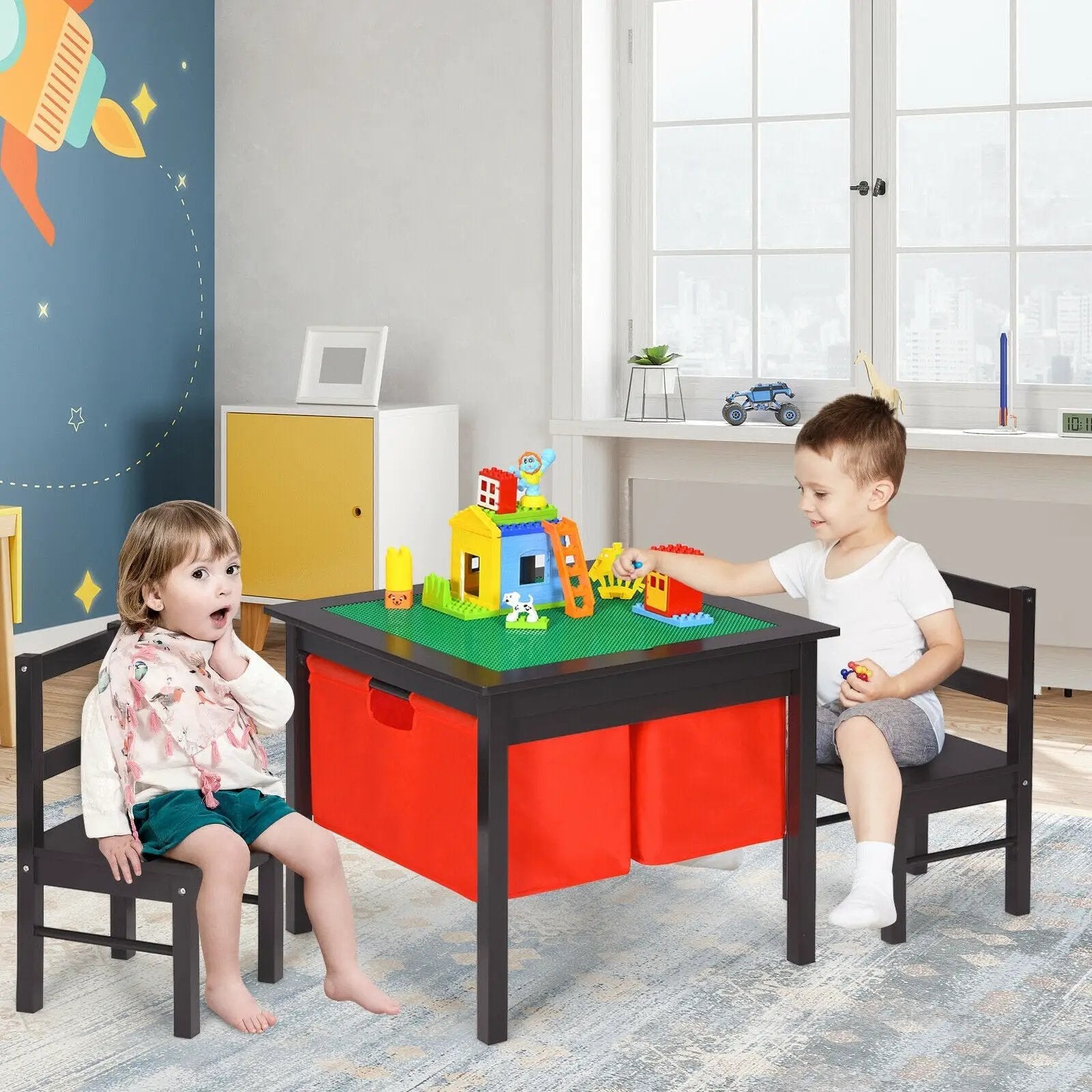 2-in-1 Kids Activity Table and 2 Chairs Set with Storage Building Block Table by DirectDeals