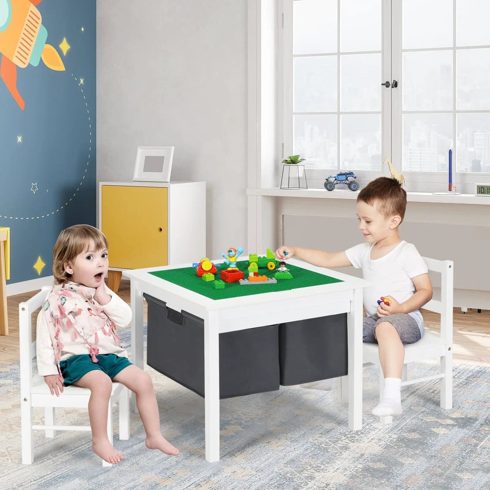 2-in-1 Kids Activity Table and 2 Chairs Set with Storage Building Block Table by DirectDeals
