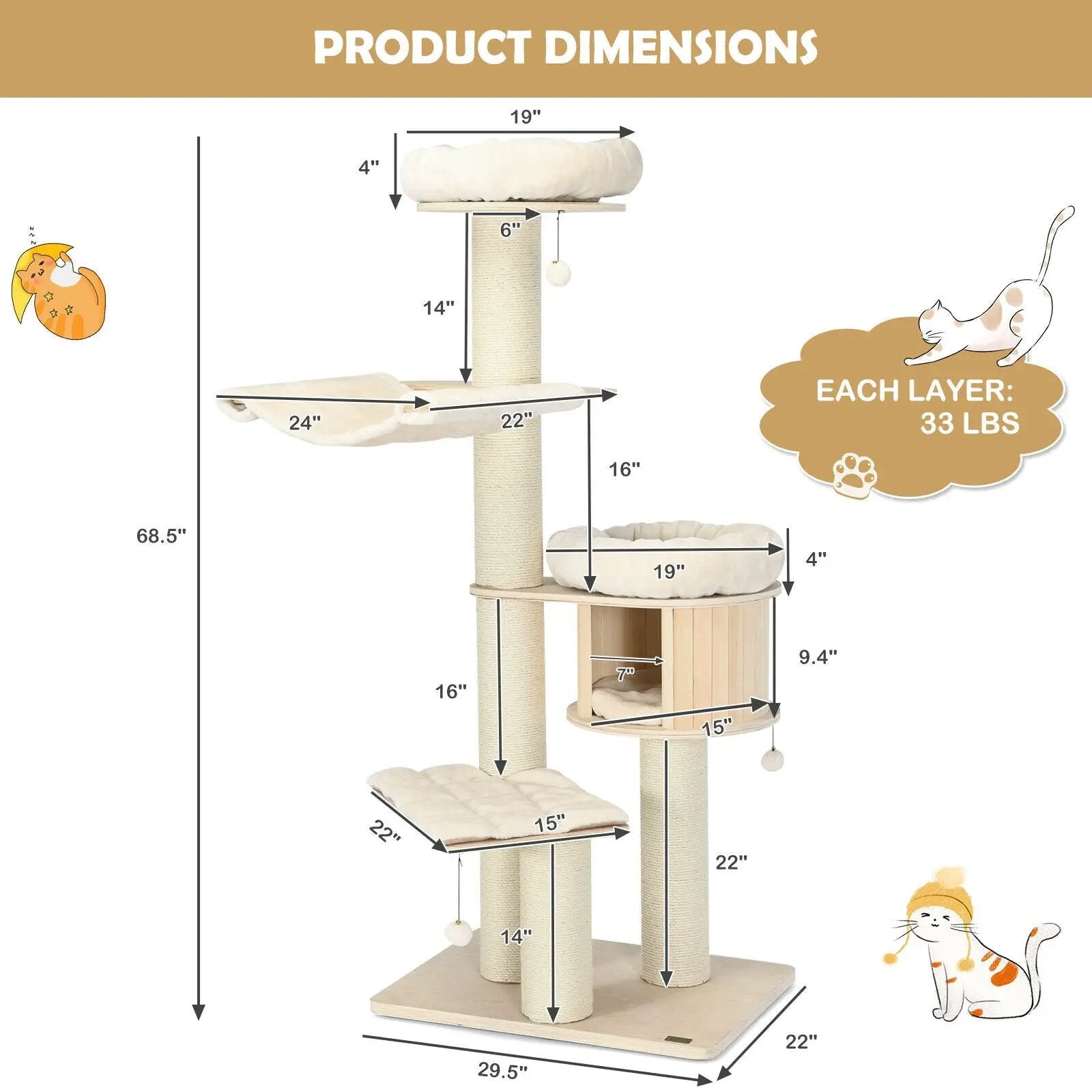 4-Layer 68.5-Inch Wooden Cat Tree Condo Activity Tower with Sisal Posts-Natural by DirectDeals