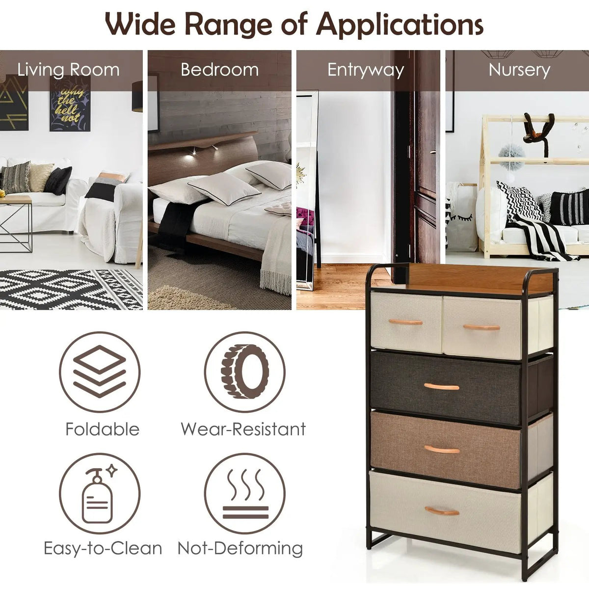 4-Tier Organizer Tower Steel Frame Wooden Top Storage with 5-Drawer Dresser by DirectDeals