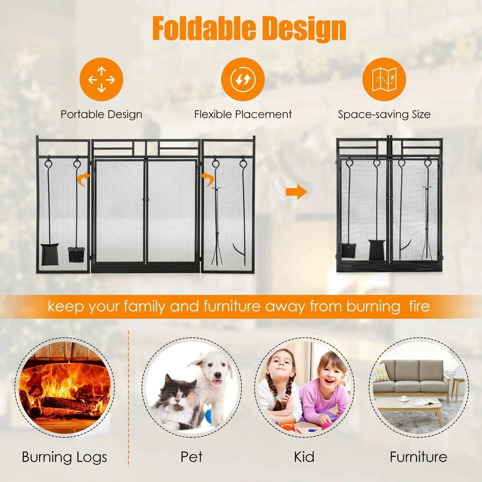 3-Panel Folding Wrought Iron Fireplace Screen with Doors and 4 Pieces Tools Set-Black by DirectDeals
