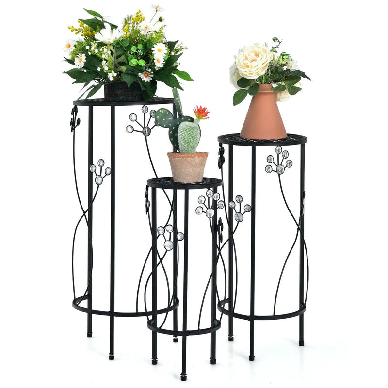 3 Pieces Metal Plant Stand Set with Crystal Floral Accents Round-Black by DirectDeals
