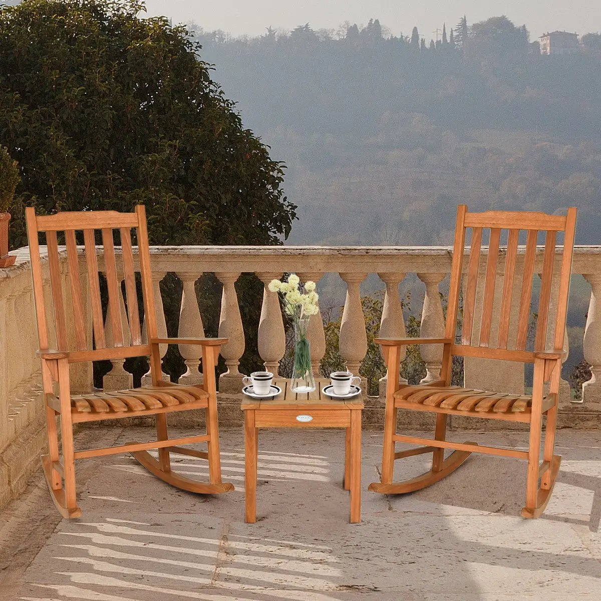 3 Pieces Eucalyptus Rocking Chair Set with Coffee Table by DirectDeals