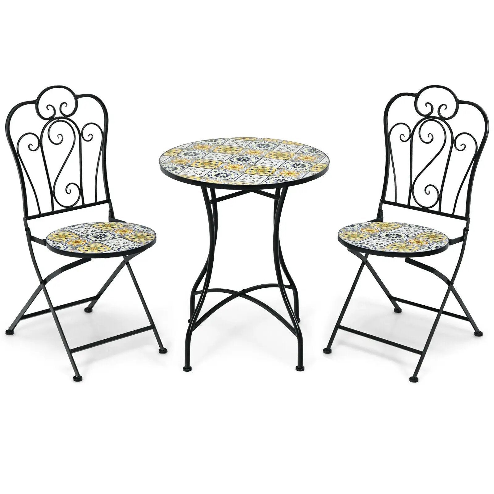 3 Pieces Patio Bistro Mosaic Design Set with Folding Chairs and Round Table by DirectDeals