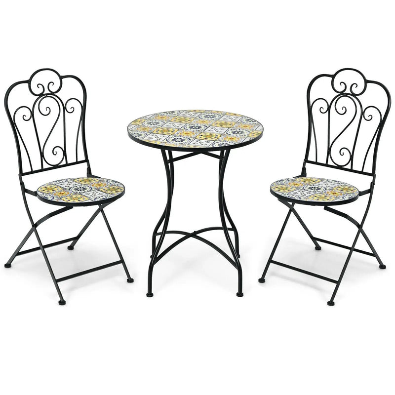 3 Pieces Patio Bistro Mosaic Design Set with Folding Chairs and Round Table by DirectDeals