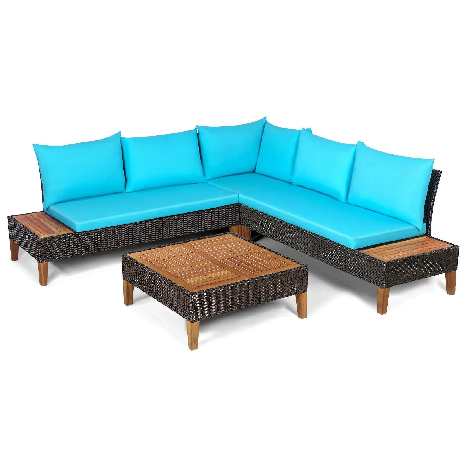 4 Pieces Patio Cushioned Rattan Furniture Set with Wooden Side Table by DirectDeals
