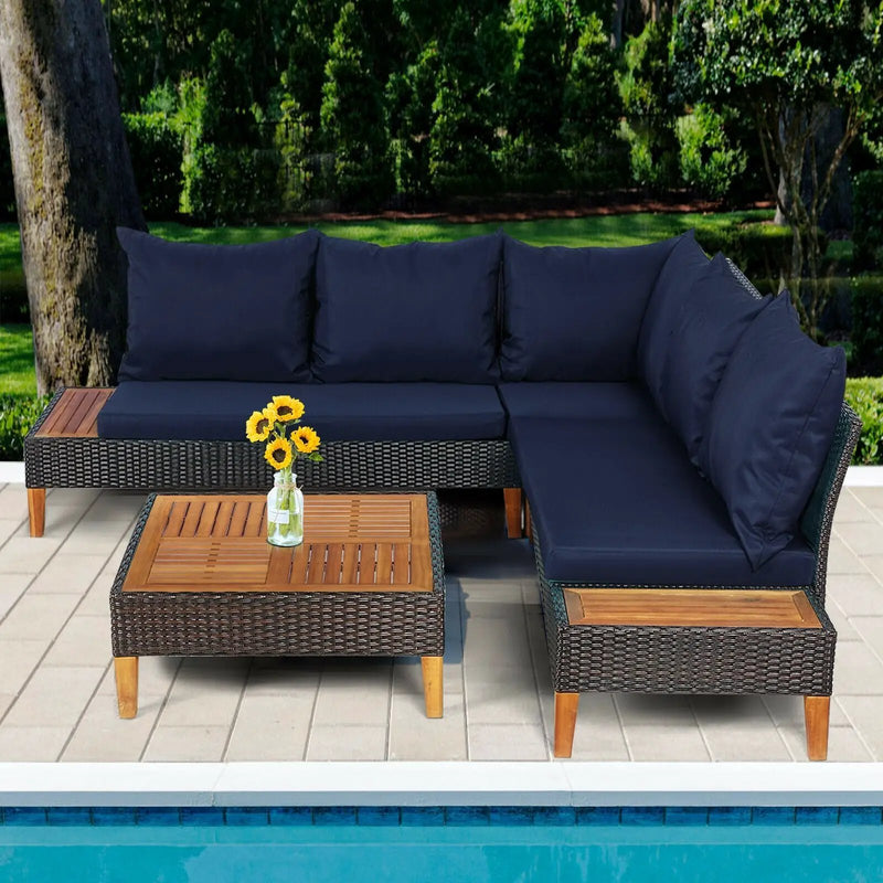 4 Pieces Patio Cushioned Rattan Furniture Set with Wooden Side Table by DirectDeals